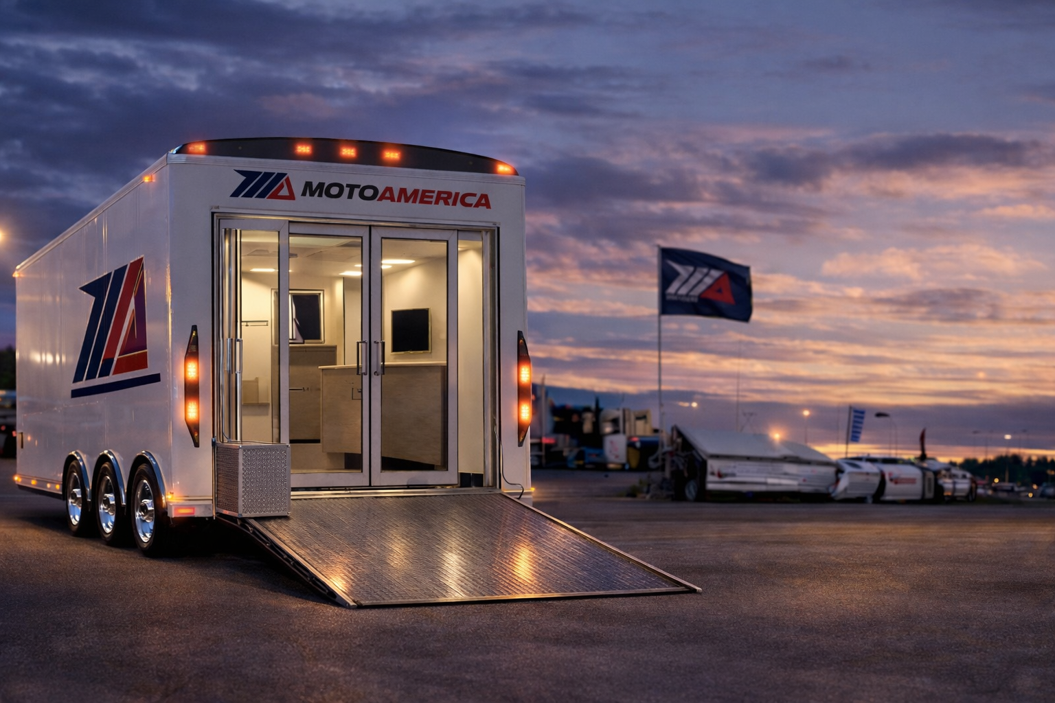 CCMF mobile medical trailer with ramp deployed and doors open at dusk